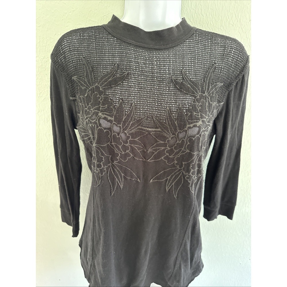 Free People Sz M Black Mesh Embroidered‎ Dark Floral Boho Mock Neck  3/4 Sl Top